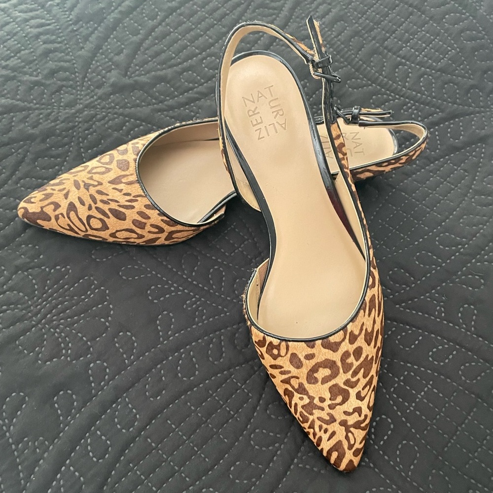 Animal print sling back low heel shoe